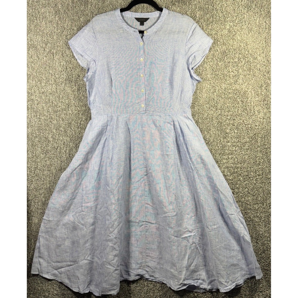 J.Crew Midi Dress Blue Linen Button Front Cottagecore Women Size 14